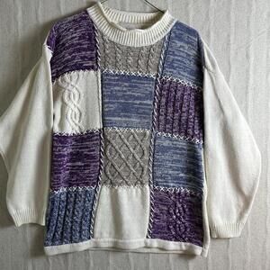 90’s Vintage Patchwork Stitch Grandma Roll Neck Sweater Cable Knit Women Sz L